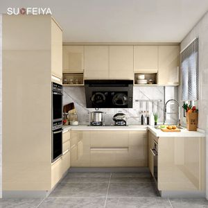 Suofeiya Minimalist Modular Yellow Water Resistant Tempered Tinted Glass Kitchen Storage Cabinet Wooden Philippines