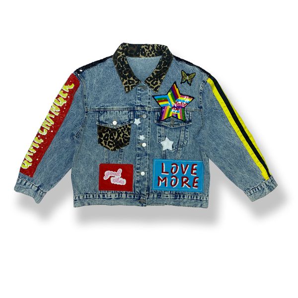 Wholesale Plus Size Colorful Patchwork Top Sequin Patches Luxury Women's Jackets Denim Coats Supplier
