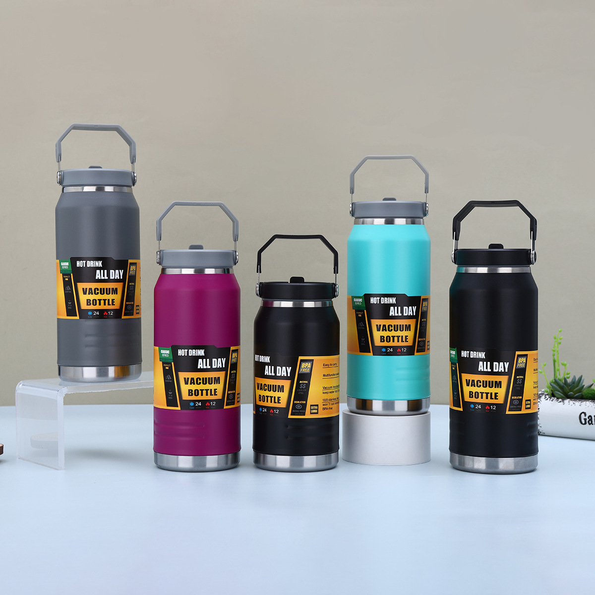 Wholesale1200ml double layer stainless steel vacuum insulated custom color portable sport water bottle kettle with folding straw