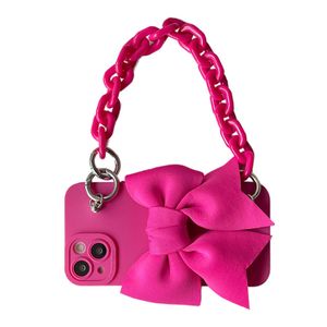 DIY Rose Phosphor Pink Bow Wrist Band Crossbody Lanyard TPU Matte Mobile Phone Case for iPhone 7 to 15 16 pro max