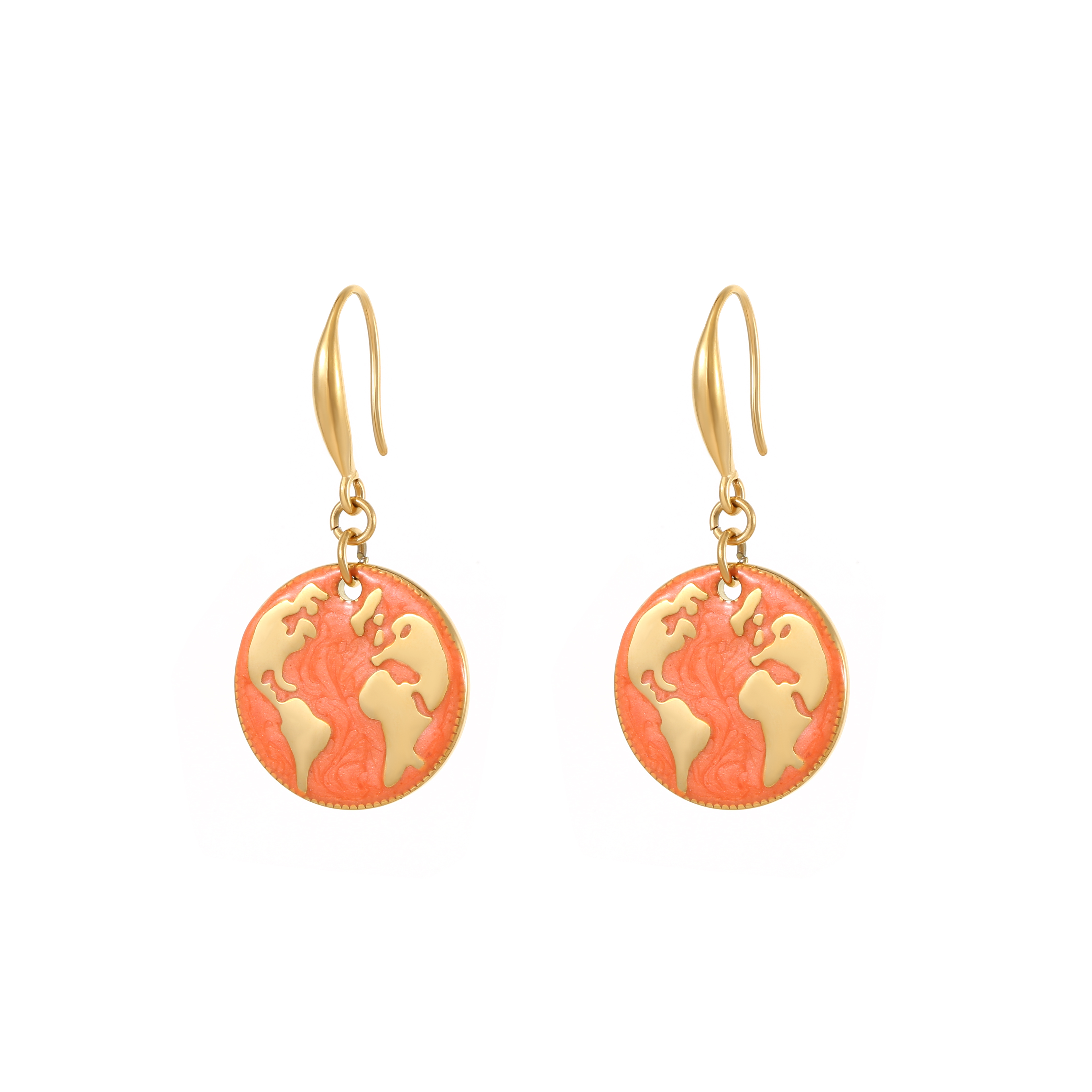 Wholesale Wholesale Stainless Steel 18k gold Jewelry World Map Gold Circle Pendant Earrings