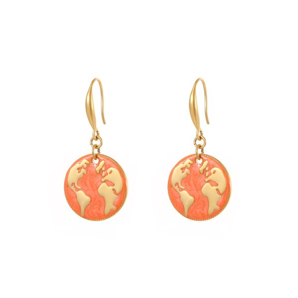 Wholesale Wholesale Stainless Steel 18k gold Jewelry World Map Gold Circle Pendant Earrings