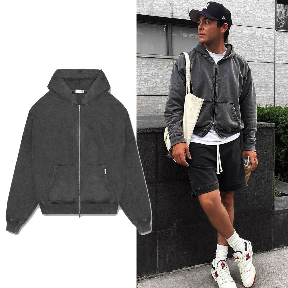 Nanchang Aikesi Trading Co., Ltd. Streetwear No String cotton French terry Blank Hoodie Custom Zip Up Vintage Acid Wash Sun Faded Distressed Hoodies For Men