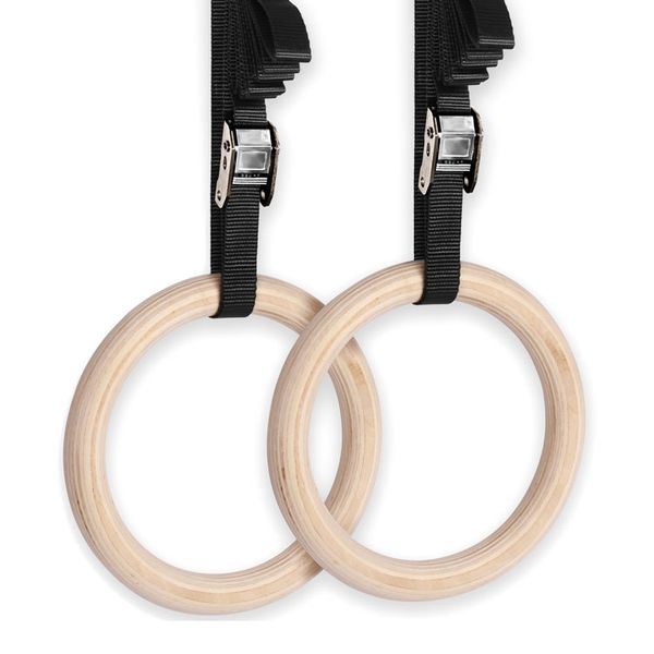 Custom Fitness Strength Training Gymnastic Wooden Gym Rings with Adjustable Strap pilates equipment
