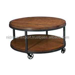 Industrial & Vintage Moveable Coffee Table Iron Wooden Living Room Furniture Wheels Modern Farmhouse Style Home Apartment Use