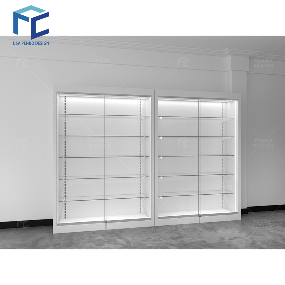 USA Penbo Design LLC USA Local Customized Glass Smoke Store Showcase Wall Display Cases LED Light Metal MDF Simple Cigarette Shop Mall Showroom