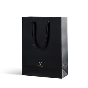 New Gold Logo Hot Foiled Stamping Black Matt Kraft Paper Bag With Cotton Rope Handles