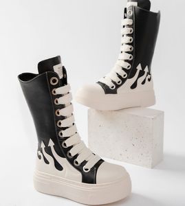 2024 new high top women's shoes match color thick sole thick shoelaces couple flame shoes personality fashion shoes women