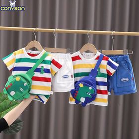 Conyson Wholesale Baby Cute Summer Striped With Bag Suit 1-2-5 Years Old Boys' Children's Fashion Three pcs clothing kids set