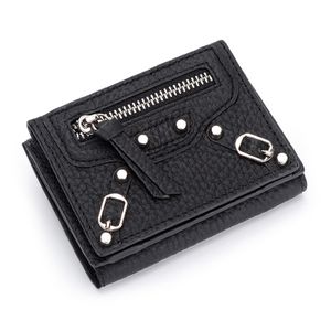Biker Style Snap Folding Bag Women's Leather Short Rivet Purse New Multi-functional Mini Small Change Genuine Leather Wallet