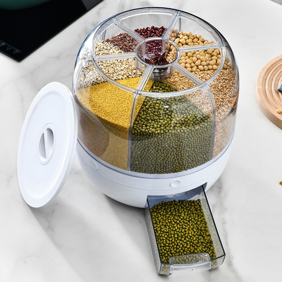 Hangzhou Ruiyun Trading Firm. HOT Rice Dispenser Kitchen Moisture-Proof 6-Grid Rotating Food Grain Dispenser Cereal Storage Box Rice Container Dispenser
