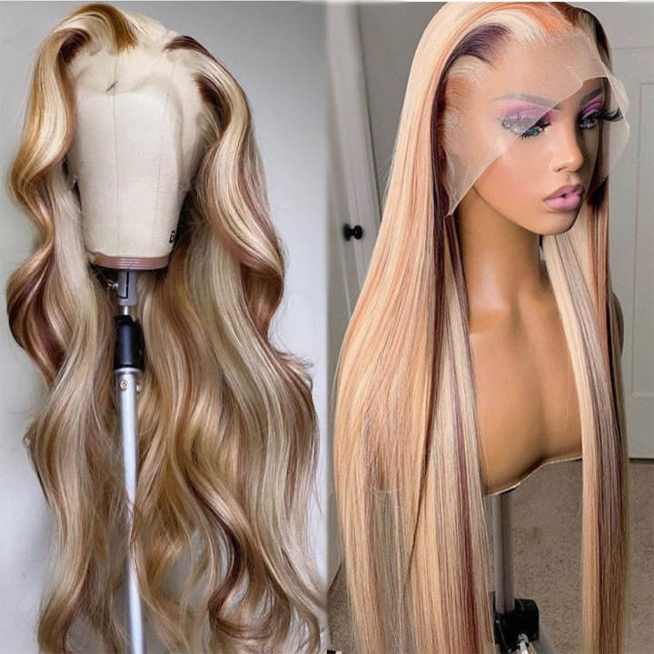 13x4 Human Hd Lace Front 180% Density Virgin Hair Highlighted Wigs With Color Hd Highlighted 28 Inch Human Wig For Black Women