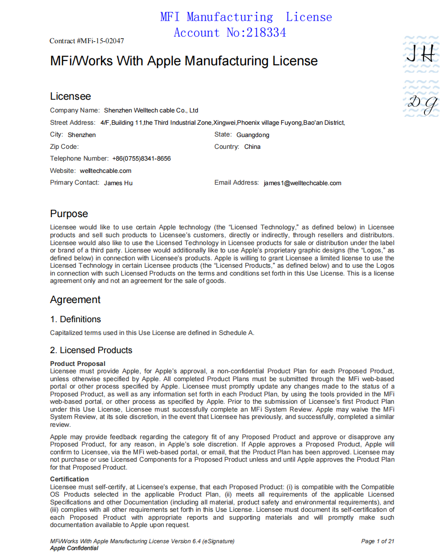 Shenzhen Welltech Cable Co.,Ltd MFi Lightning Cable
