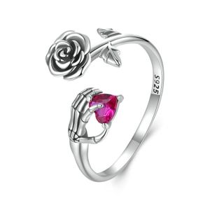 Wholesale New Halloween Adjustable Open Rose Skull Hand Heart Shape Zircon Rings S925 Sterling Silver Women's