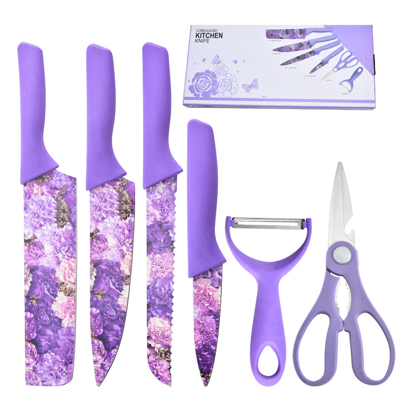 Zhengzhou Jiaqianbei Trading Co., Ltd. Set of Six Color-Printed Straw Knives and Scissors Stainless Steel Kitchen Knife Suit in a Color Box