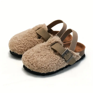 2024 Winter Children's Clogs Plush Fleece Cork Sandals Fluffy Faux Fur Flat Birken Slippers Outdoor Toddlers Casual Sandal Clogs