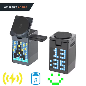 6in1 New Arrival Creative Multi-function Pixel Animation Wireless Charger with Alarm Clock Speaker Phone Wireless Charging Stand