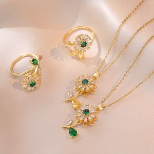 Trendy Stainless Steel Chain Full Zircon Crystal Flower Pendant Elegant Gold Plated Necklace Jewelry For Women Girls Gifts