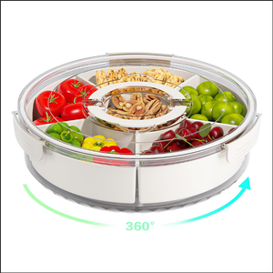Divided Rotating Serving Tray with Lid and Handle Portable Snackle Box for Fruits Snacks for Adults and Child
