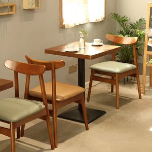 Restaurant furniture solid wood chair with leather cushion plywood top wooden dining table  set