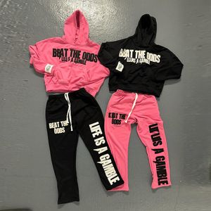 Custom Vintage Clothing Long Sleeves Streetwear 2 Pieces Sets Distressed Patch Embroidery Tracksuits Sweatpants And Hoodie Set