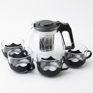 Factory cheap bulk price daily use heat resistant glass teapot drinking set 5pcs with strainer and plastic sleeve for wholesale