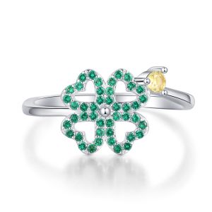 Emerald CZ Flower Lucky Citrine Cubic Zirconia Four Leaf Clover Inset Sliver 925 Ring Jewelry For Women