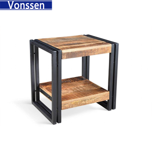 Modern Square Iron Side Table, Natural/Black