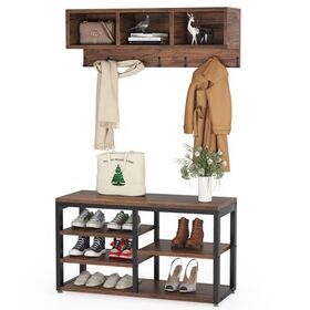 Tribesigns Industrial Coat Rack Shoe Bench Set  Hot Sale Brown Wood and Metal Hall Tree for Entryway