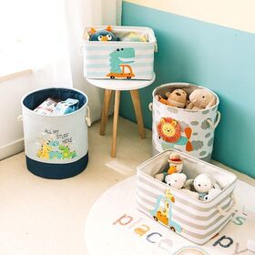 Round Kids Laundry Basket Cute Animal Pattern Toy Storage Canvas Hamper Cloth Toy Storage Basket For Kids