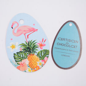 ShenZhen Bestpak Gifts & Crafts Co., Ltd 300g coated paper tag with chocolate pattern /egg shape with varnish/lamination/with gold foil