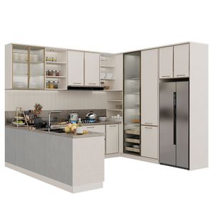 Suofeiya Minimalist Overall Straight Line Pvc Board Shaker Kitchen Cabinet Furniture with Quartz Stone Countertop