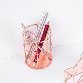 Custom Metal Mesh Office Desk Organizer Rose Gold Electroplated Pen Holder Organiser Set