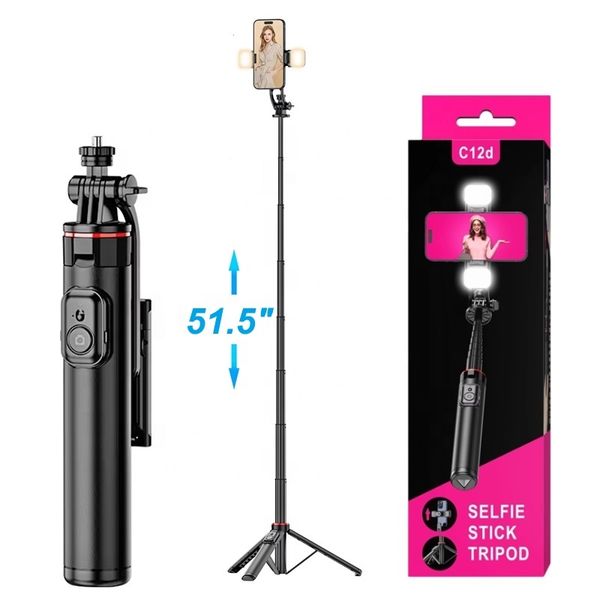 51 inch Aluminum Alloy Integrated Smartphone Tripod Stand Extendable Wireless Remote Control Selfie Stick with LED Light