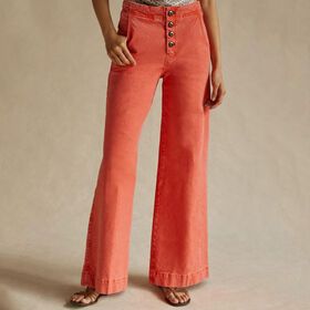 Women Street Solid Color Slim Wide Leg Trousers Ladies Jeans New Casual High Waist Jeans Tie Back Four Buttons Pants