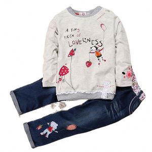 Trendy Autumn Children Clothes Comfortable Breathable Little Kids Girls Clothing Suit Floral Sweatshirt Jeans Two Piece Set