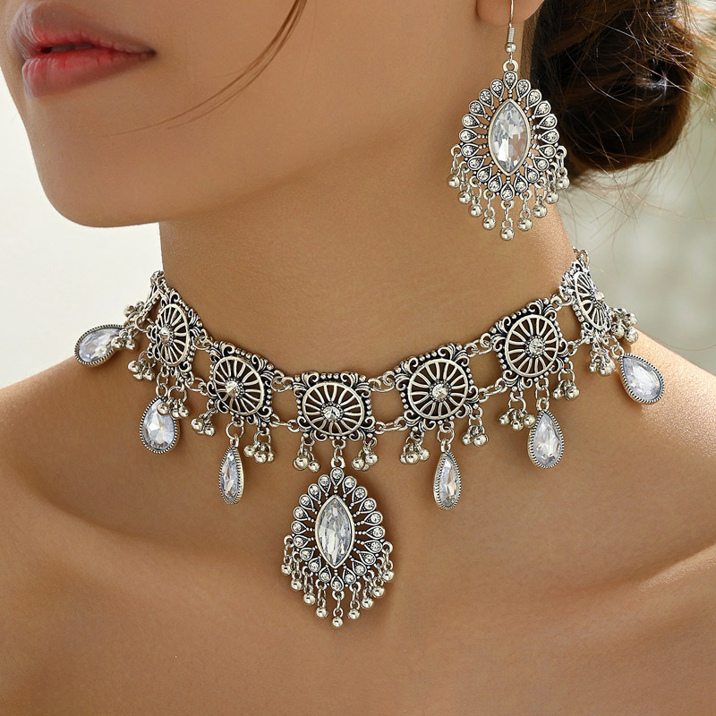 Gufams LLC Ins style retro fashion hollow bohemian style two sets European and American cross-border ethnic style gemstone necklace earring