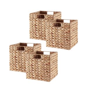 Haprosimex High Quality Set of 4 Round Water Hyacinth Bins OEM Iron Frame Square Seagrass Woven Basket Quality Handle Storage