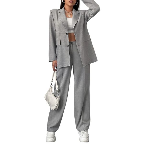 Women Elegant Solid Lapel Neck Blazer and Suit Pants Workwear Full Woven Autumn Plain Dyed Women Clothes 2024 Full Length