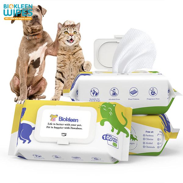 Biokleen Custom 100pcs Natural Non-woven Fabric Biodegradable Dog Cat Pet Wet Wipes Organic Pet Wipes Paw Body