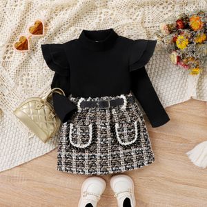 Hot Sale Girls 2 Piece Clothing Knitted Sets Plaid Skirt Set Short Skirt Set