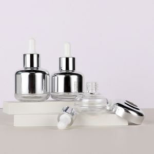 Hot Sale 20ml 30ml 40ml 50ml 60ml Silver Round Glass Pipette Bottle Glass Serum Bottles With White Dropper