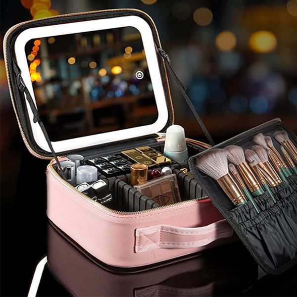 Wholesale Black Pink White Portable Travel Organizer Storage Bag Makeup Case Makeup Bag With Led Light Mirror