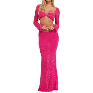 Sexy Wholesale Knit Crochet Top Swimsuit Boho Two Piece Beach Dress Skirt Beachwear Women Dress Set For Summer Spring