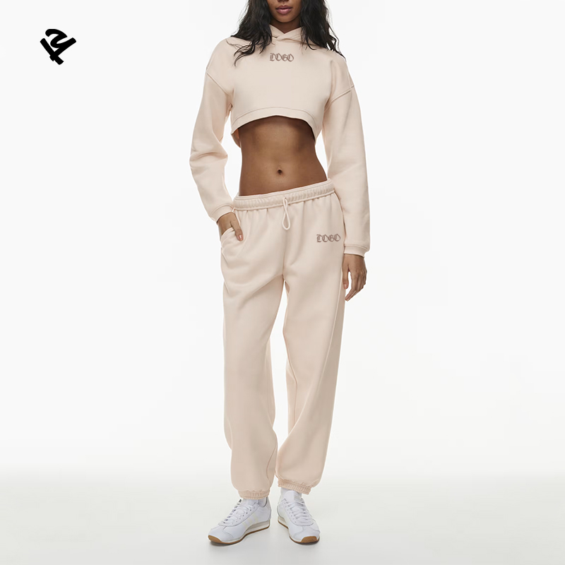 F240460 Fall 2024 Women Clothes Cozy Fleece Perfect Shrug Crop Top Hoodie And Jogger Set Streetwear Two Piece Set Women Clothing