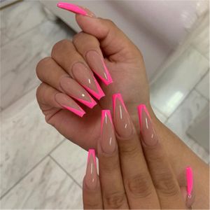 Nude Large V Shape Glitter Flat Head Pink Ballet False Nails Long Curve Artificial Nails