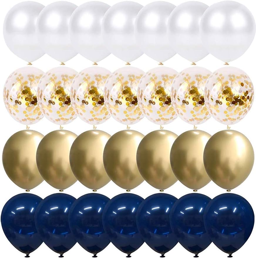 Jinhua Chaihe E-Commerce Co., Ltd. Navy Blue and Gold Confetti Balloons, 50 pcs 12 inch Pearl White and Gold Metallic Chrome Birthday Balloons for Celebration