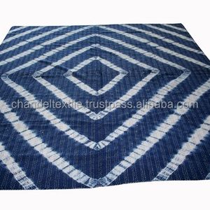Indigo print Blue Handmade Kantha Quilt Cotton Blanket Hand Stitched Kantha Bedspread Bohemian Shibori Print Ethnic Bedding art
