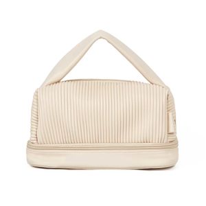 Portable Double Layer Makeup Bag pleated PU waterproof Leather Cosmetic Case Large Capacity Make Up Pouch Organizer With Handle