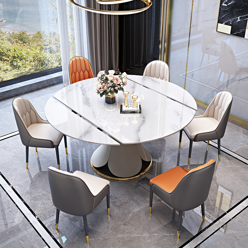 Foshan Leyi Network Technology Co., Ltd. Modern Multi-functional Telescopic Round Marble Table Upholstered Dining Chair Metal Legs Dining Table Set